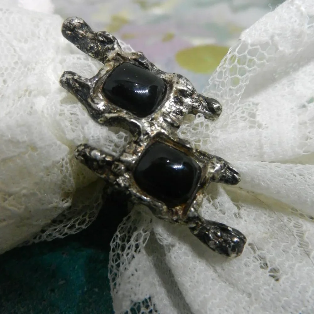 VTG artisan pewter black ring silvery statement ebony shiny bohemian size 12